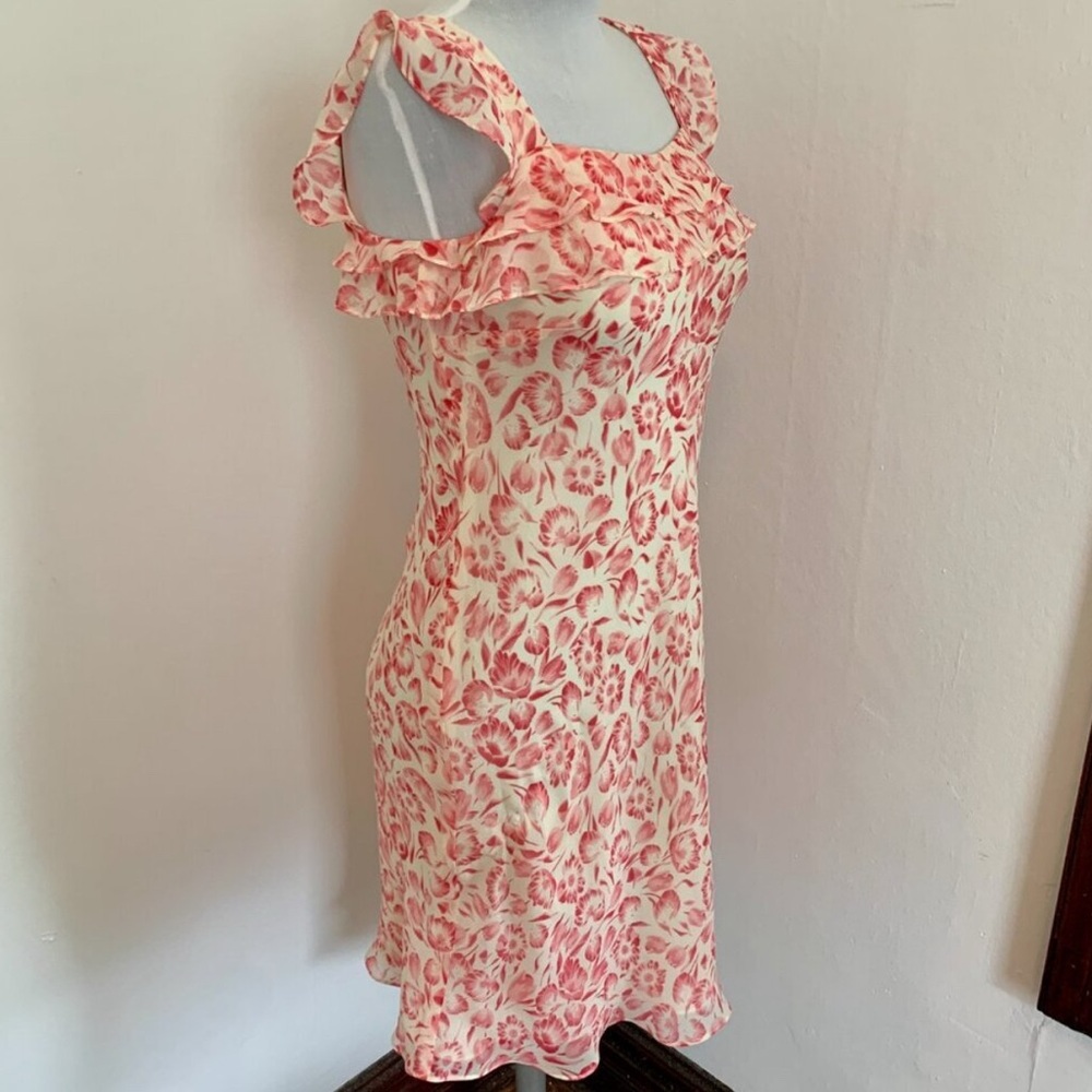LOFT Floral Ruffle Flowy Dress in Pink and Cream